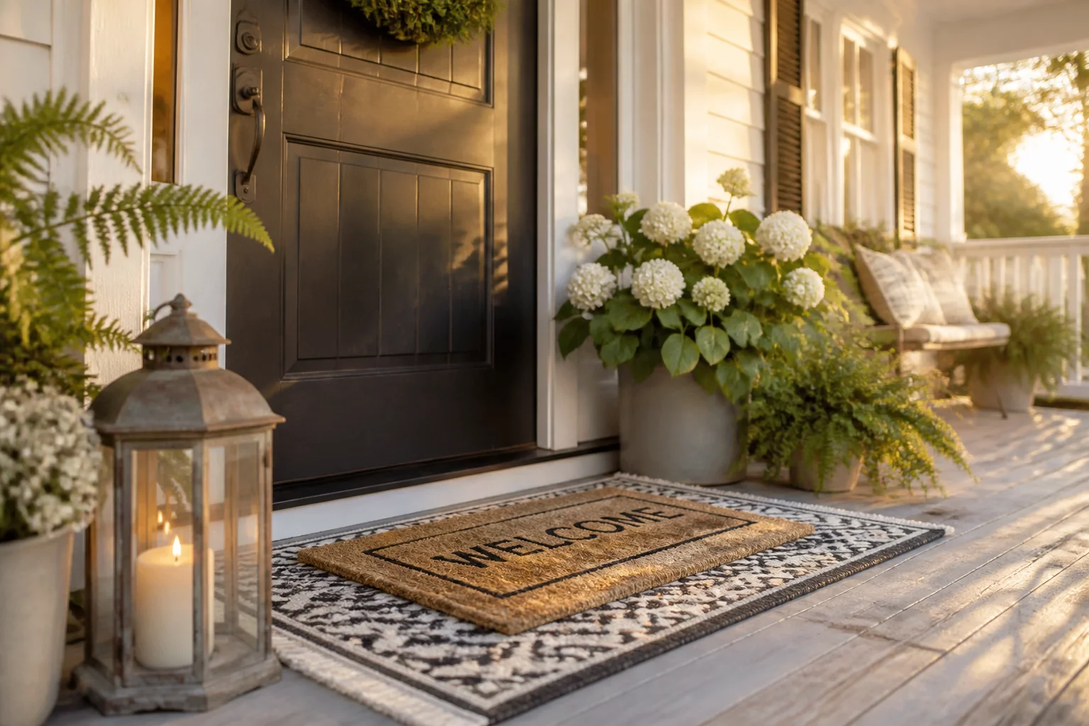 Front porch decoration with welcome mat and potted planters
