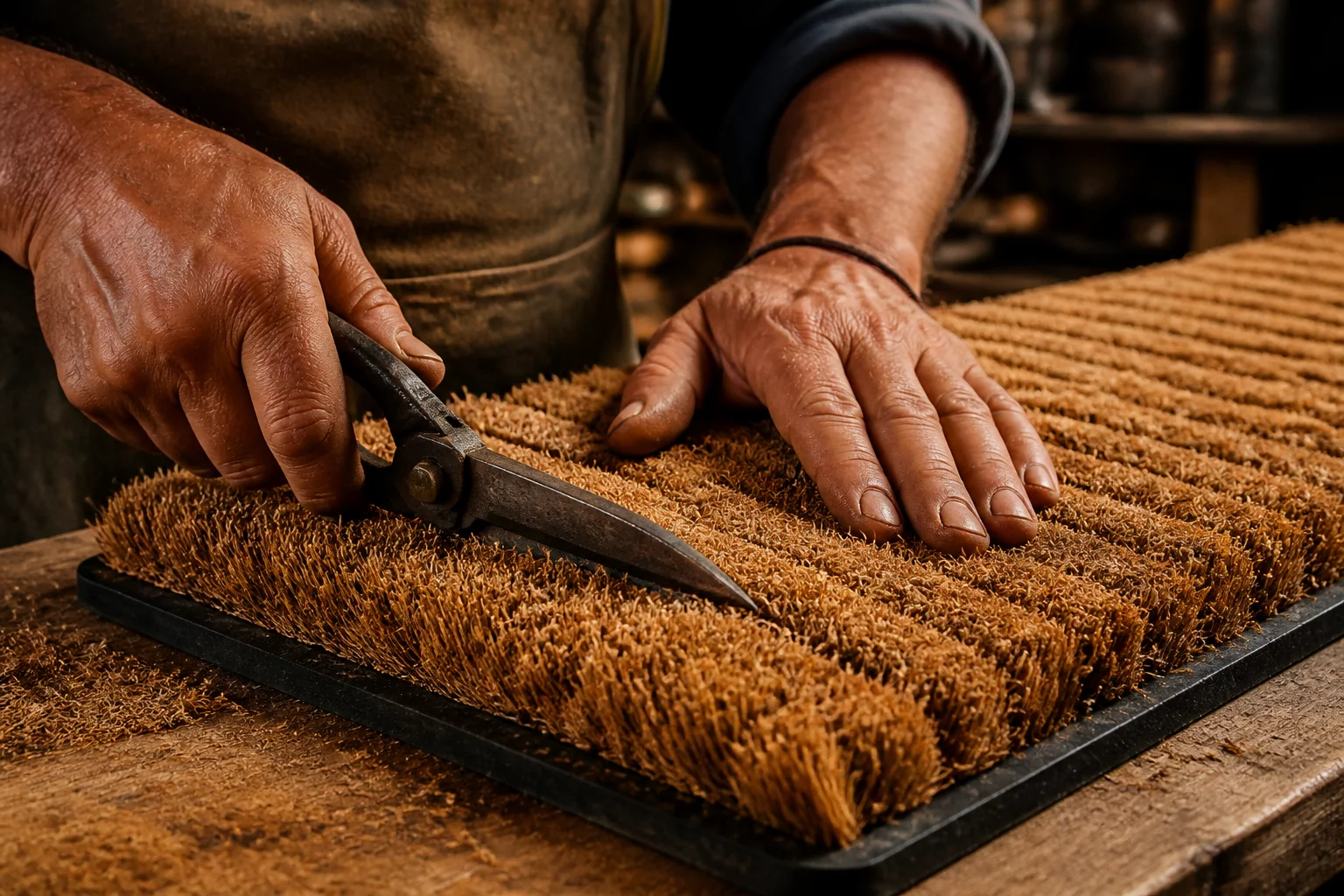 Craftsman hand-finishing a heavy duty doormat