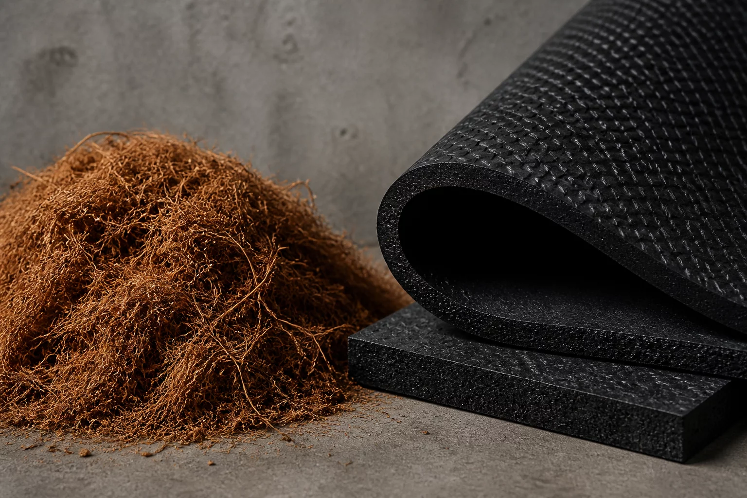 Raw eco-friendly coir fibers and vulcanized rubber base